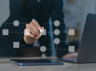 Business process and workflow automation with flowchart. Businessman in the background, managing...