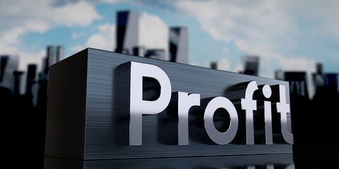 Obraz premium Profit - metal cuboid and skyscrapers - 3D illustration