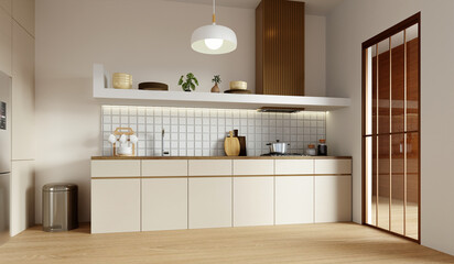 Sustainable kitchen with minimalist design featuring functional elements. 3D render illustration