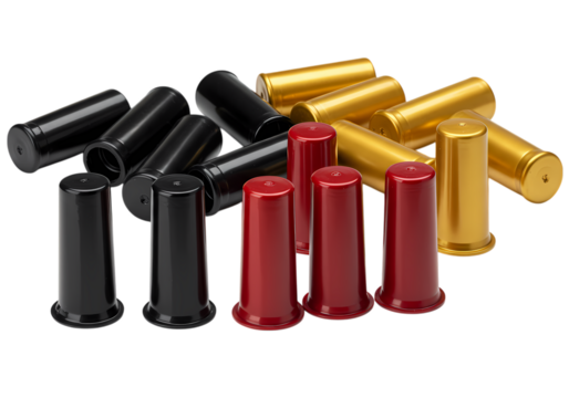 Collection of Small Cylindrical Components in Black Red and Gold isolated on transparent background