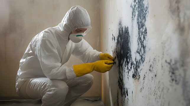 Worker in full protective gear carefully removing mold from damaged wall following water intrusion, emphasizing safety and restoration efforts 69476629 3