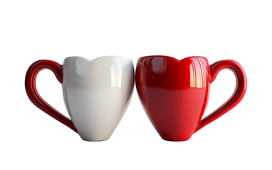 Romantic pair of red and white coffee mugs arranged together symbolizing love and cozy shared moments isolated on transparent background PNG