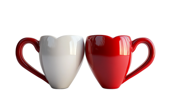 Romantic pair of red and white coffee mugs arranged together symbolizing love and cozy shared moments isolated on transparent background PNG