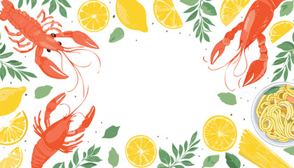 Summer mediterranean vacation illustration set. Italian holiday elements. Hand drawn lemons, seafood, lobster, pasta, olive, pizza, tile. Coastal collection for card, prints,doodle, graphic, italian, 