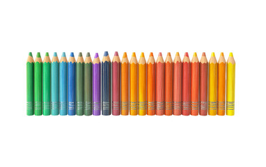 Row of multicolored crayons perfectly lined up showcasing vibrant artistic tools ready for creative expression isolated on transparent background PNG