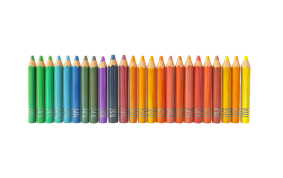 Row of multicolored crayons perfectly lined up showcasing vibrant artistic tools ready for creative expression isolated on transparent background PNG