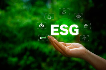 ESG concept with hand holding icons for environment, society, and governance. Sustainability, responsibility, and ethical business practices for a better future.