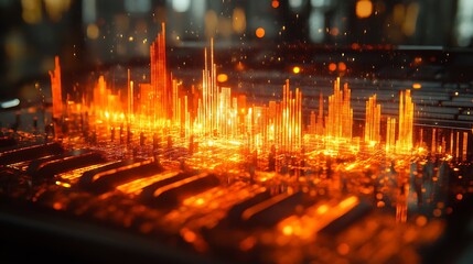 Abstract glowing cityscape emanating from a digital circuit board depiction