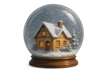 Snow globe showing cozy illuminated cottage during snowfall on transparent background