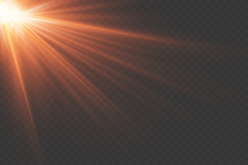 Shining golden sunbeam with glowing sparkles and lens flare. On transparent background