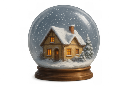 Snow globe showing cozy illuminated cottage during snowfall on transparent background