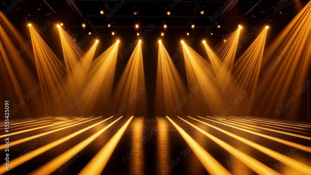 Poster illuminated stage with rows of bright spotlights shining downwards and creating linear reflections o
