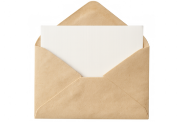 Open brown envelope showing blank white card on transparent background