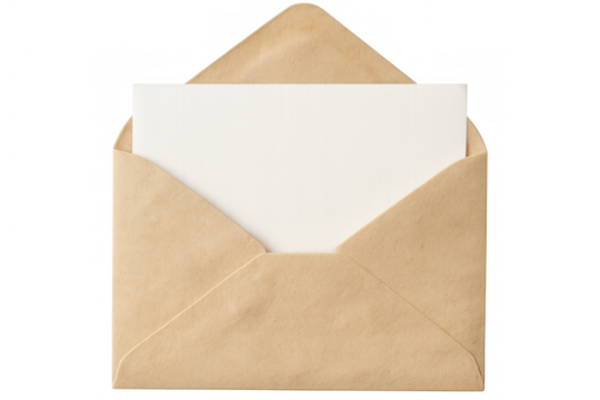 Open brown envelope showing blank white card on transparent background