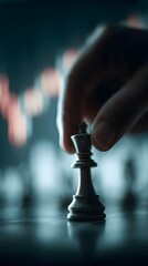 Hand moving chess queen piece against blurred market chart