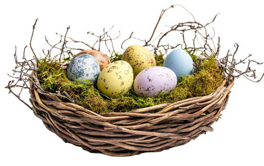 Obraz premium Rustic Easter basket filled with soft green moss and natural elements creating an earthy and charming holiday decoration isolated on transparent background PNG