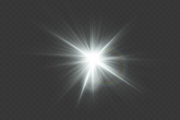 Obraz premium White glowing light explodes with shining rays and lens flares. On a transparent background