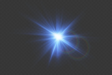 Naklejka premium Blue glowing light explodes with shining rays and lens flares. On a transparent background