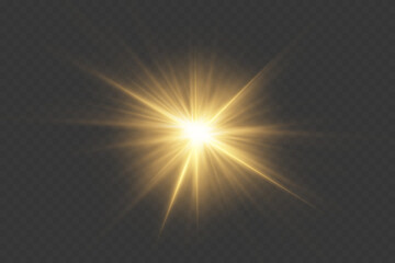 Golden glowing light burst with shining rays and lens flare. On transparent background