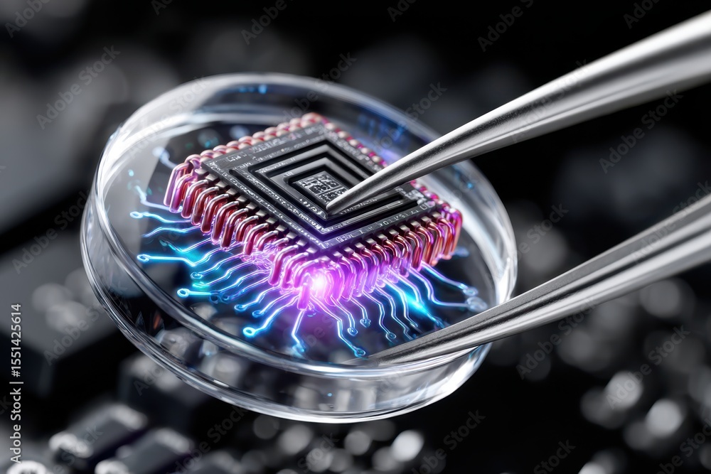 Poster close-up of a microchip being held with tweezers in a high-tech lab environment