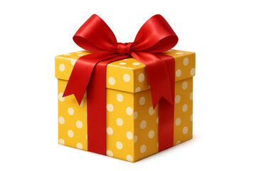 Obraz premium Yellow gift box with red ribbon and transparent background