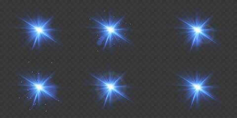 Blue glowing light effects set with sparkles and lens flare. On transparent background