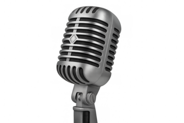 Classic silver microphone on transparent background representing broadcasting and communication