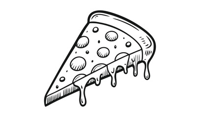Hand drawn slice of pizza with dripping cheese and pepperoni on white background