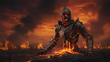 Fiery Knight Emerging From Molten Lava in a Burning Inferno Scene with Dramatic Lighting - Powered by Adobe