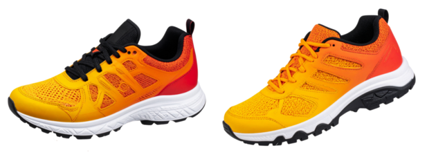 Dynamic Trail Runner Shoe with Fiery Colorway and Dust Effect Angled Top View Transparent Background PNG