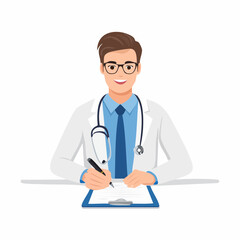 Fototapeta premium A handsome, confident physician in a white coat with a stethoscope smiles while holding a clipboard, ready to provide professional medical care at a clinic