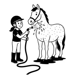 Girl washing horse with hose in black and white