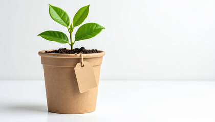 Eco-Friendly Brown Pot with Label and Indoor Plant, Sustainable Living Concept