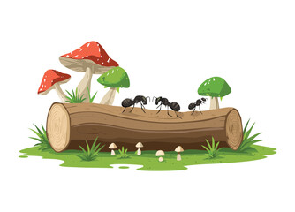 Ants on Log with Small Mushrooms