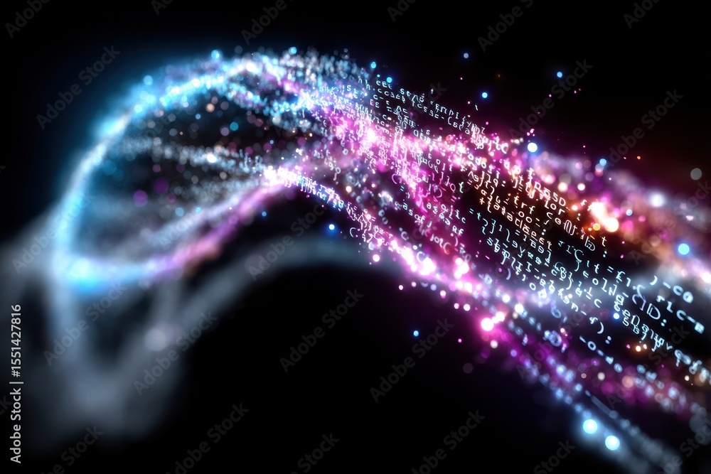 Poster digital wave of light and code flow with vibrant colors in a dark background