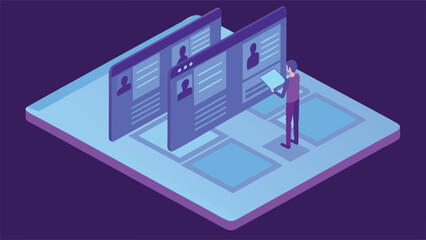 Freelancer Applying For Jobs Through Glowing - Futuristic Isometric Illustration