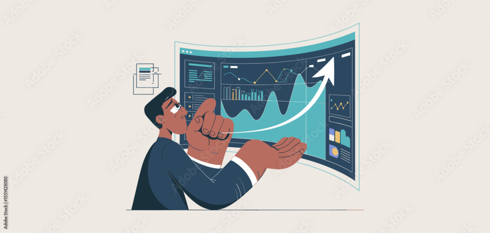 Poster analyst pointing at upward trending graph on screen, vector illustration for data-driven decision ma