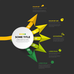 A versatile modern business infographic template showcasing a sequential process with numbered arrows and integrated data sections. Multi-stage process infographic for presenting business concepts
