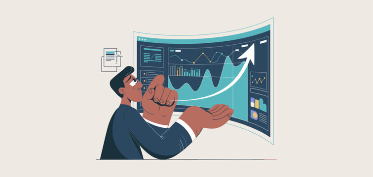 analyst pointing at upward trending graph on screen, vector illustration for data-driven decision making, business strategy development and performance analytics review