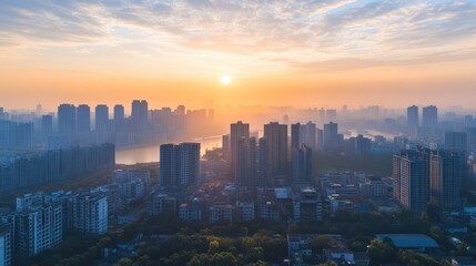 Fototapeta premium Urban sunrise over a city river