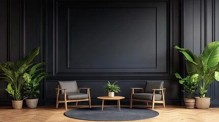 Darkly styled room with wooden furniture and greenery.