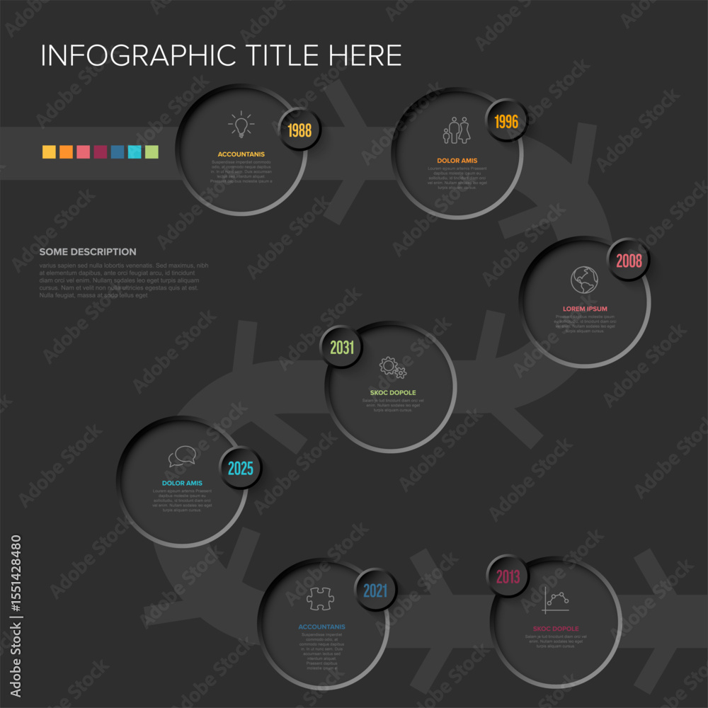 Poster a modern dark background timeline infographic template with circular design elements and icons. info