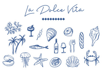 Dolce Vita hand drawn food and seashell illustration. Breakfast, lunch doodle icons. Vector of wine glass, seafood, olives and nature illustrations for invitations, menus and parties. Coastal Italian