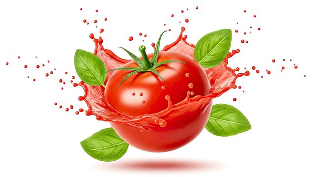 A red tomato with green stem bursts tomato juice Green basil leaves surround the tomato Red droplets are visible