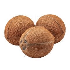 Three whole coconuts with brown fibrous husks. Tropical fruit often used in desserts, drinks, and savory dishes.