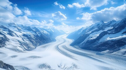 Alpine glacier valley under bright sky