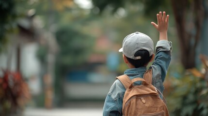 Child Goodbye. Asian Boy Waving Bye While Heading Back to School with Backpack