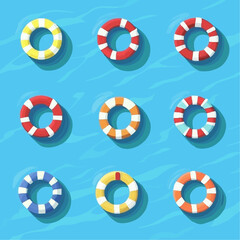 flat top-down illustration of colorful striped lifebuoys floating on blue sea, bold flat vector shapes, Mediterranean beach theme