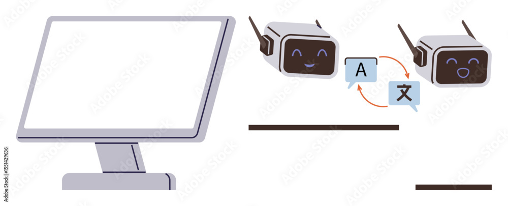 Poster two smiling ai robots exchanging messages with a translation flow between languages adjacent to a co