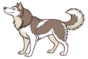 Captivating Cartoon Siberian Husky with Brown and White Fur Standing Proudly in Profile Looking Up with a Cheerful Expression
